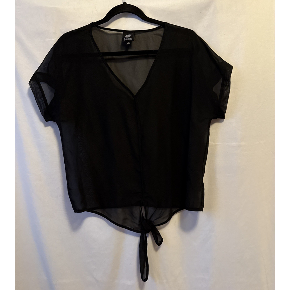 Bobeau Women's‎ S Whimsigoth Sheer Short Sleeve Tie Front Black Blouse Boho